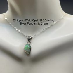 Ethiopian Genuine Welo Opal .925 Sterling Silver Inlay Pendant & Chain