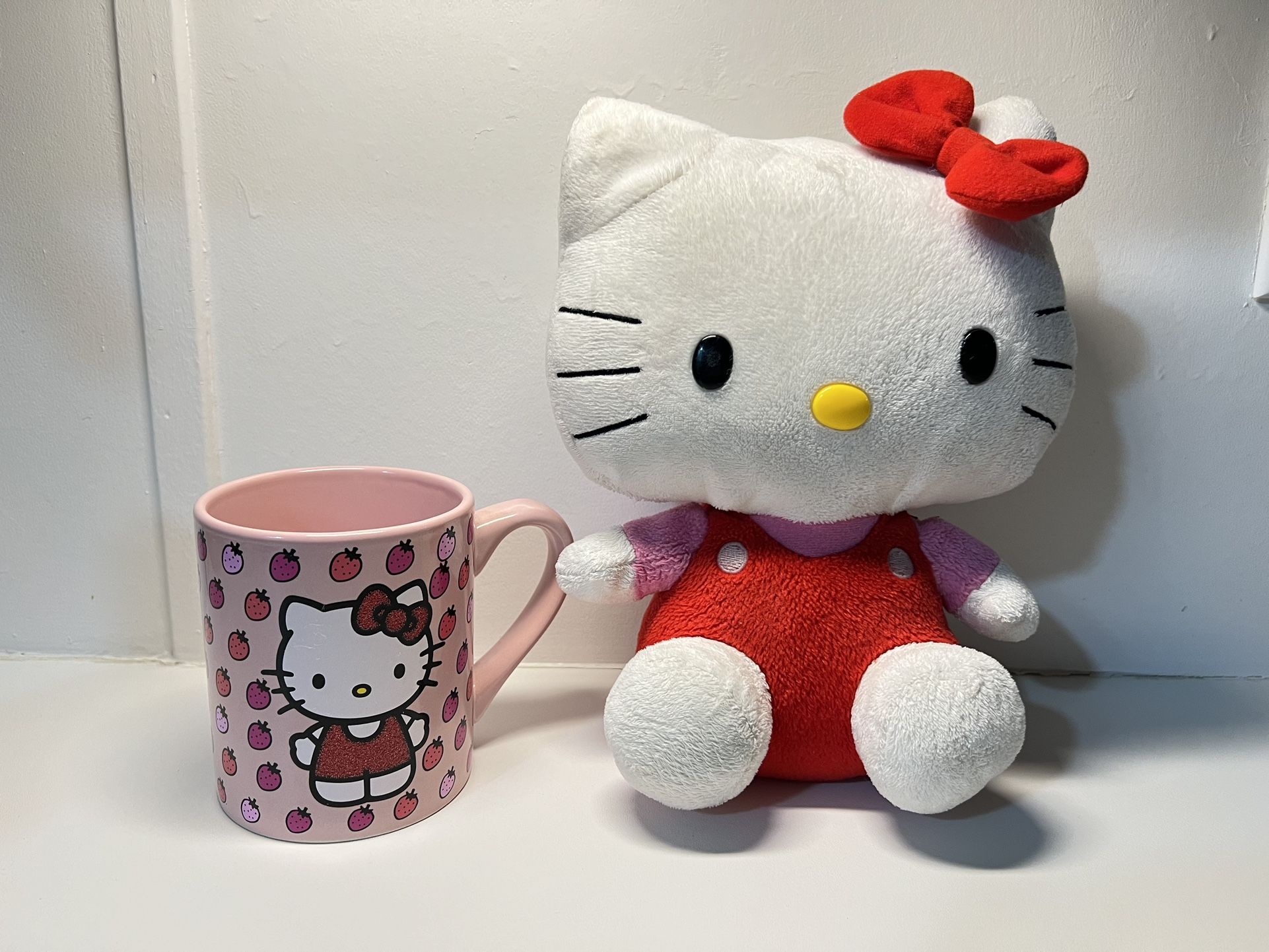 Hello Kitty TY Plush 9” Red Jumper Overalls Pink Shirt & mug