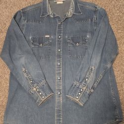 READ Vintage 90s Carhartt Shirt Mens L Blue Western Denim Pearl Snap Long Sleeve