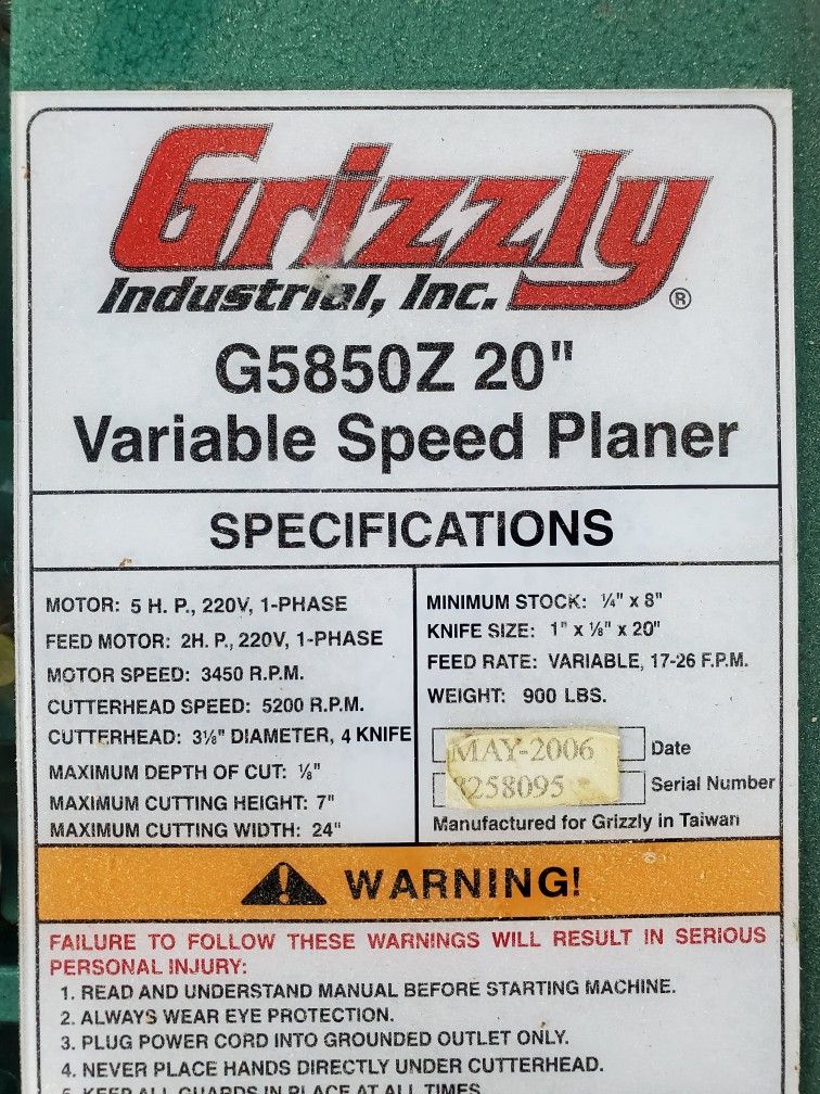 Grizzly Planer - Price Negotiable