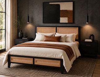 Queen Size Rattan Bed Frame with Headboard, Boho Metal Platform Bed.