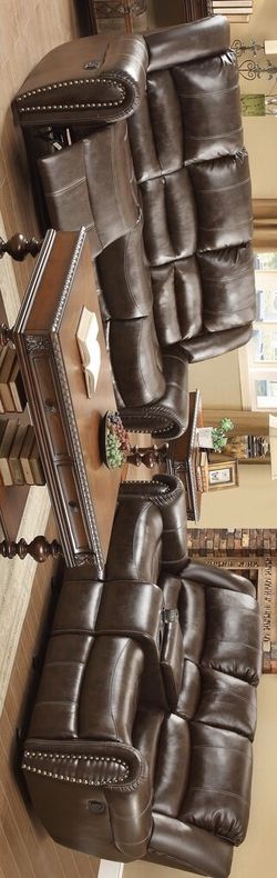 SPECIAL] Center Hill Brown Bonded Leather Reclining Living Room Set -Sofa and Loveseat
