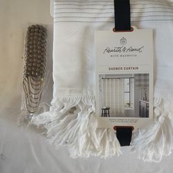 Hearth and Hand cloth Shower Curtain with Metal/Gray hanging clips reg:$24.99 white gray stripes 