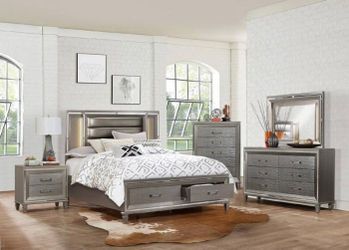 Brand new silver gray metallic or white queen LED bedframe, dresser, mirror, nightstand 4PCs bedroom set