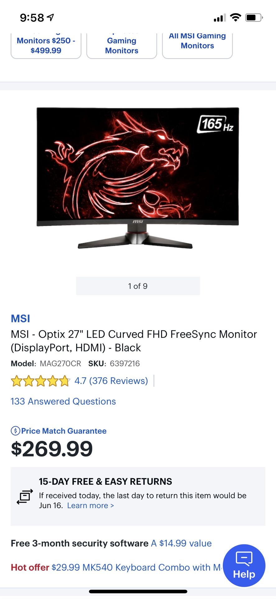 MSI Optix MAG27CR Gaming Monitor 165hz 1ms Low priceοΌοΌοΌ