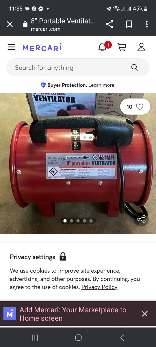 Central Machinery 8" Portable Ventalator Fan