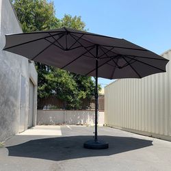 (Brand New) $130 Large 15FT Double Sided Outdoor Umbrella w/ 65 LBS Plastic Weight Base (Red/Gray)