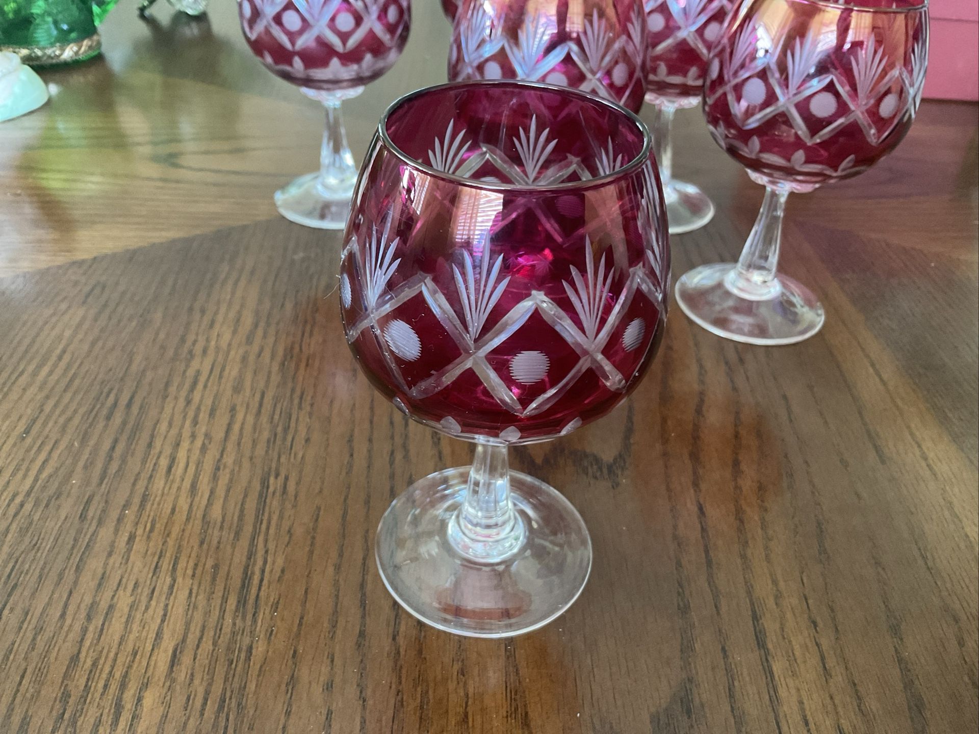 Vintage Bohemian Ruby Red Wine / Sherry Cut-to-clear Crystal Set Of 6