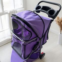 Pet Stroller 3 Wheels Pet Strolling Cart for Medium/Small Dogs and Cats Purple