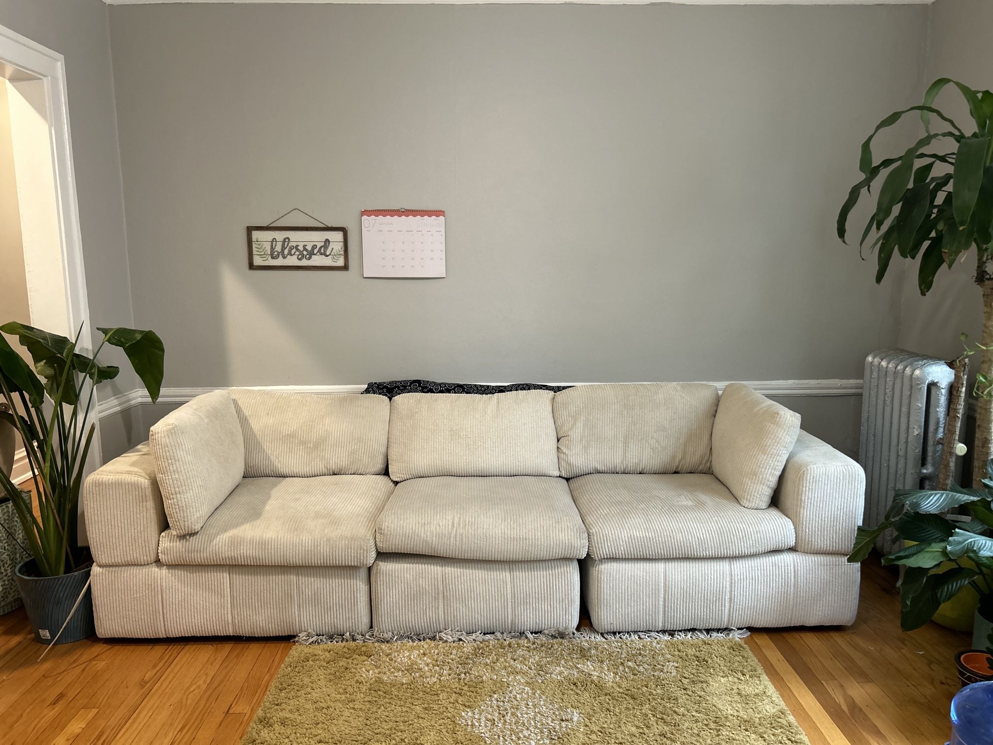 Cream Corduroy Antwand Modular Sectional – 3‑Piece (Loveseat + Single Couch), Excellent Condition
