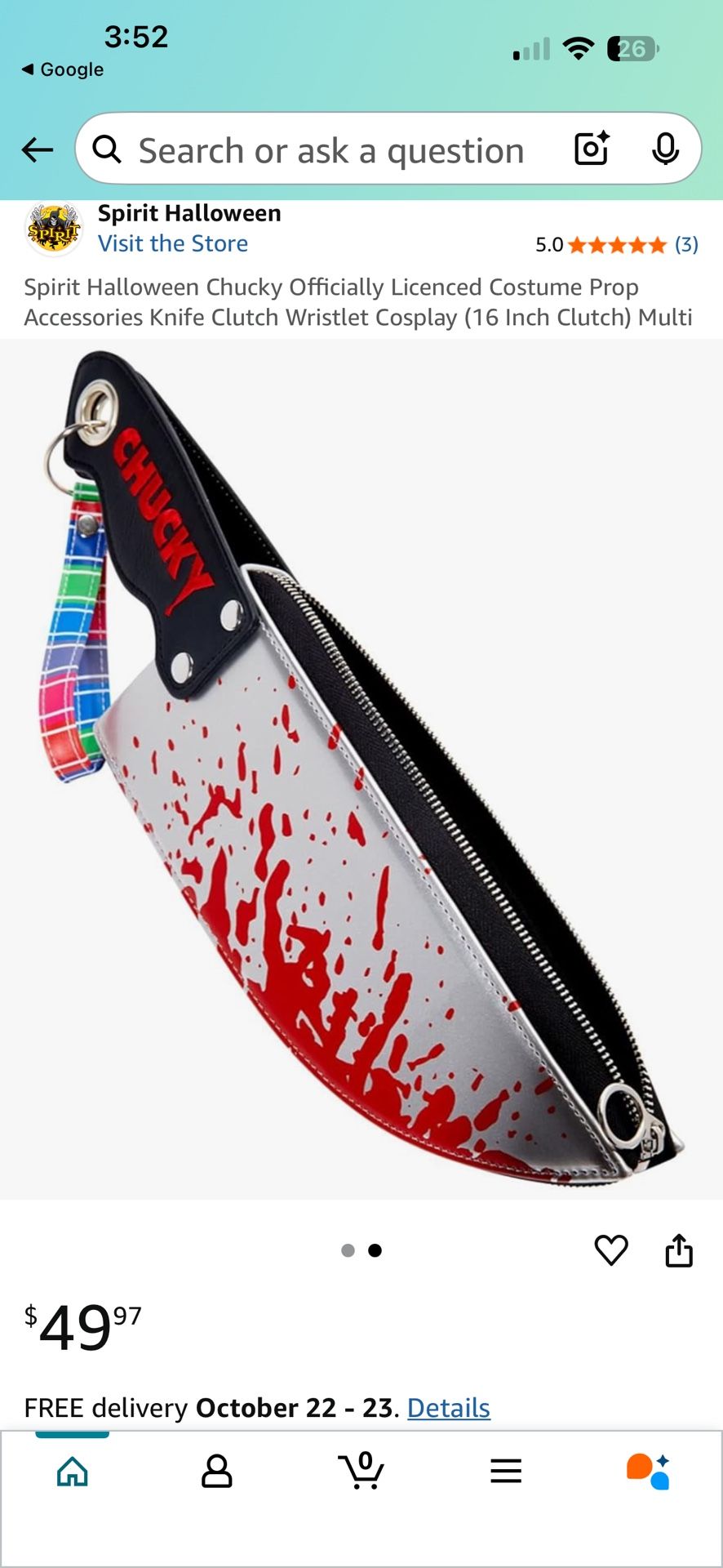 Spirit Halloween Chucky Officially Licenced Costume Prop Accessories Knife Clutch Wristlet Cosplay (16 Inch Clutch)