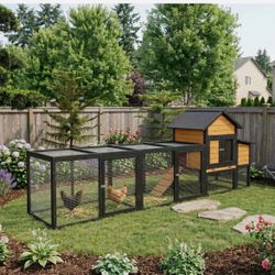 New in box 119.5" Outdoor Wooden Chicken Coop with Run, 7 Doors, Pull-Out Tray