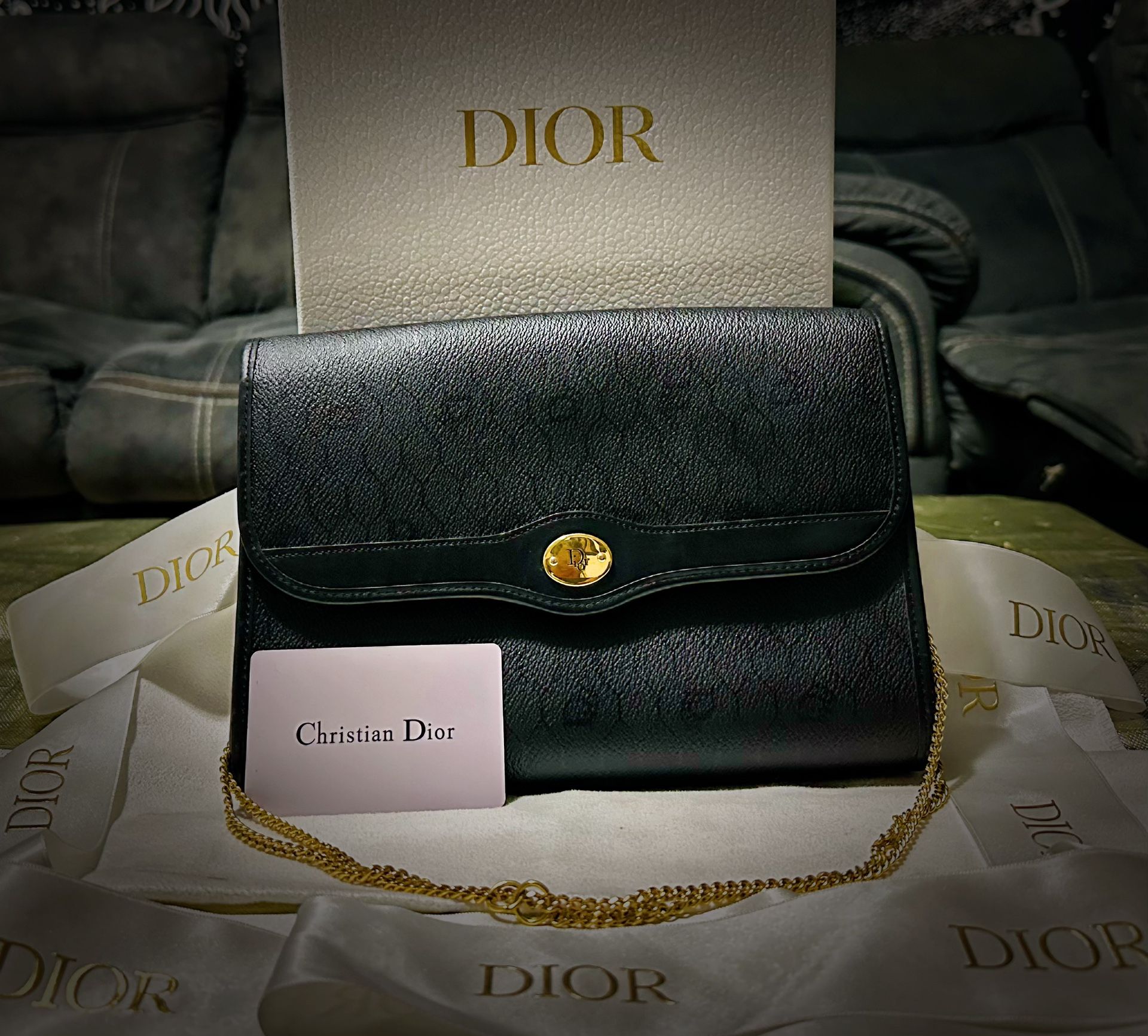 Authentic vintage Dior Black Leather shoulder bag with Gold Accents