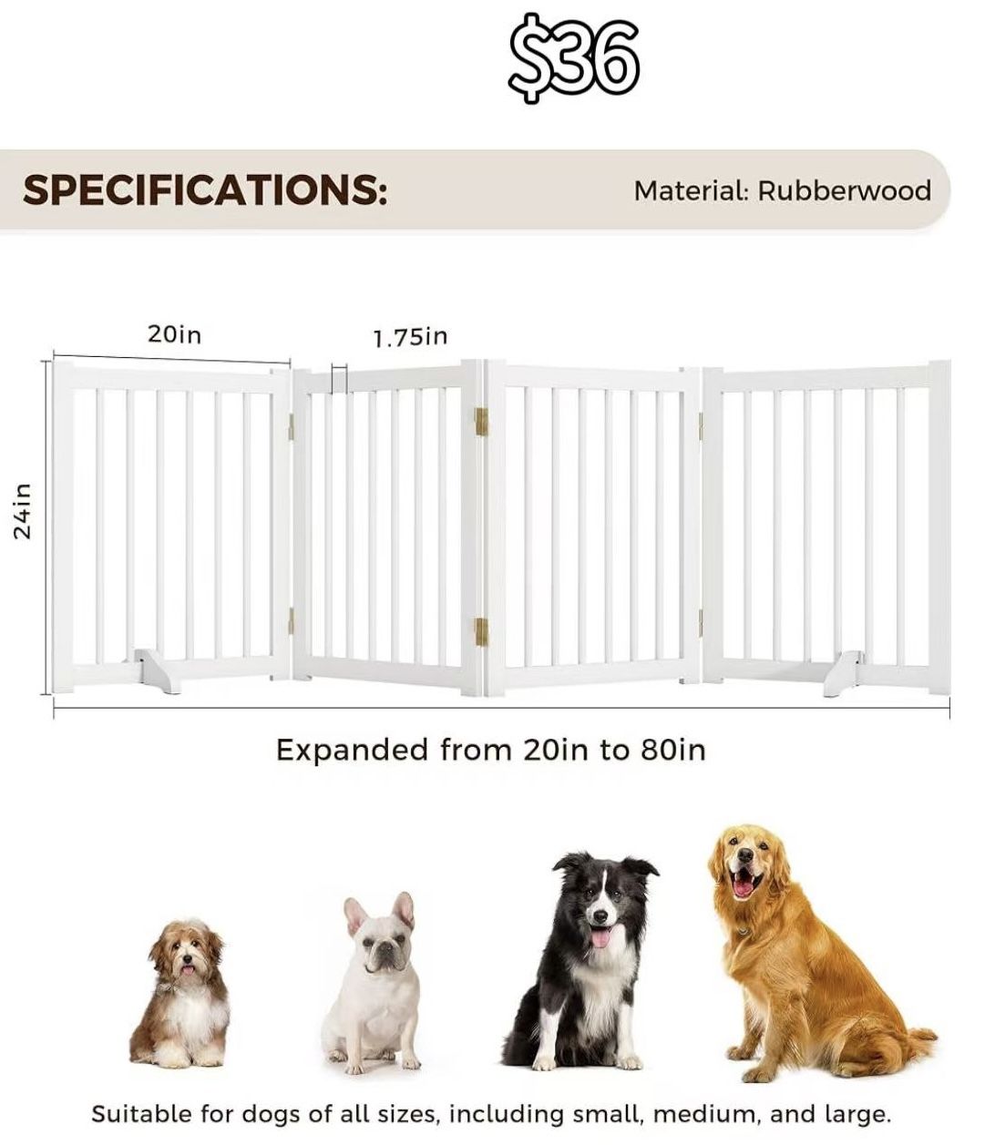 😆 Solid Wood Freestanding Pet Gate - 4 Panels 24" - Folding Safety Fence with 2 Support Feet - Ideal for Stairs, Doorways, Halls, Kitchens