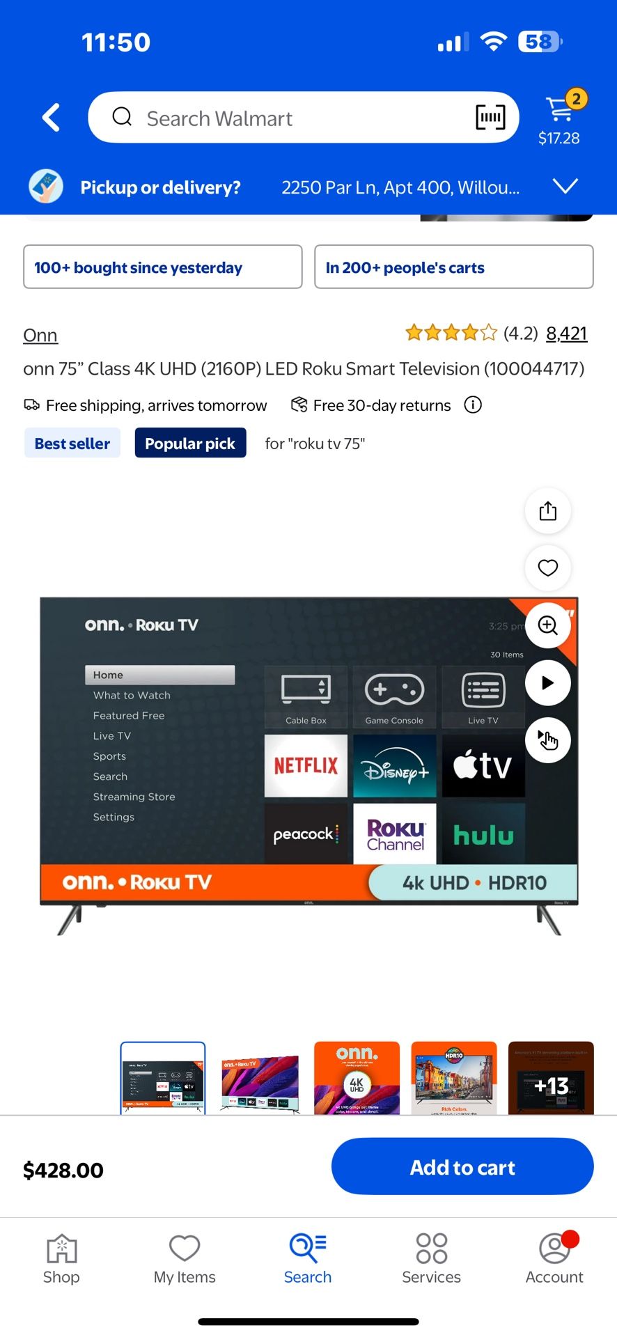 75 In Onn Roku Tv