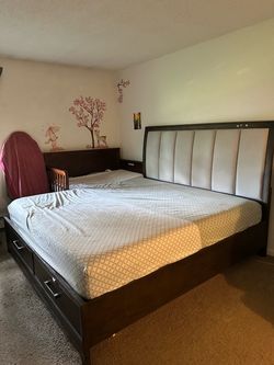 Ashley King Size Storage Bed Frame with Upholstered Headboard