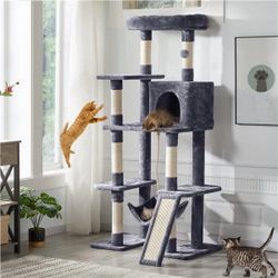 Large Multi-Level Cat Tree, 63 Inches Tall with Sisal-Covered Scratching Posts, Condo, Hammock, Dangling Ball, and Extended Platform for Cats to Play 