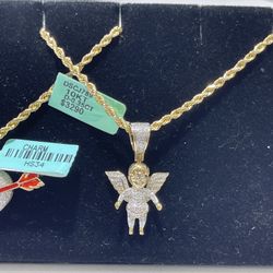 10k Gold Set(robe Chain, Angel Pendant With Real Diamonds)