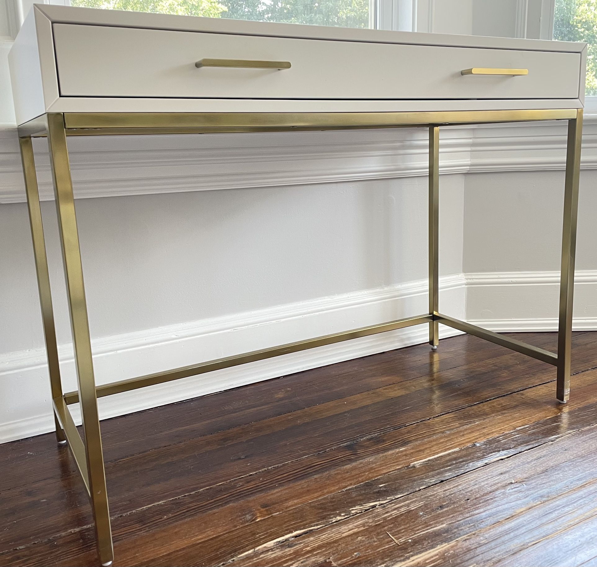 PBTeen White Desk With Gold Legs And Drawer Pulls