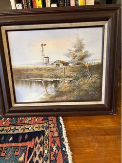 Landscape painting with wooden frame