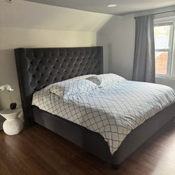 King Size Tufted Wingback Bed Frame — Dark Gray Velvet 