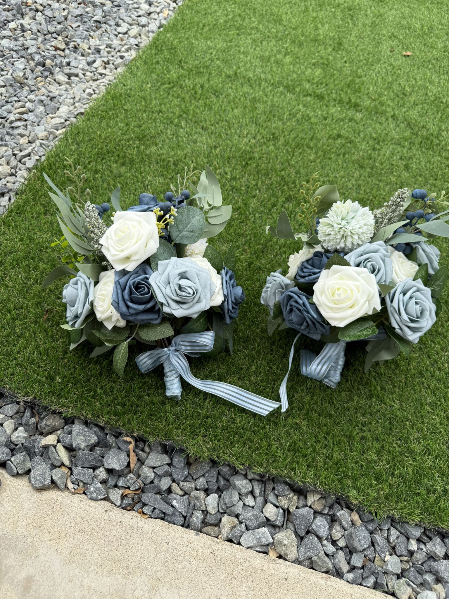 2 Bridesmaid Bouquets - Dusty Blue And White Roses