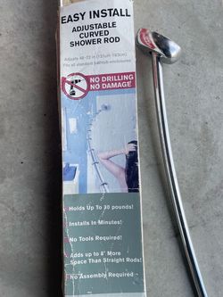 Easy Install Adjustable Curved Shower Rod packaged in a box with a chrome-finished metal curved rod Length Adjustment: Fits openings from 48 to 72 inc