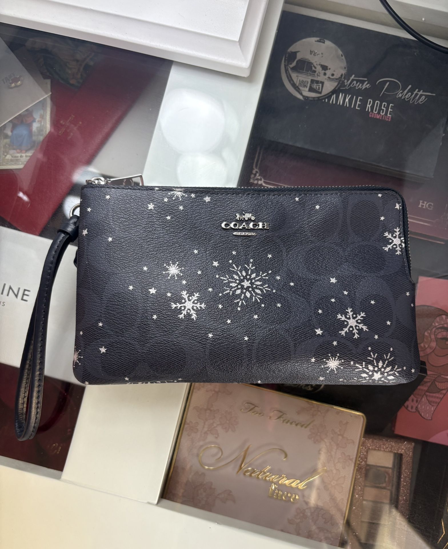 Coach Double Zip Wallet In Signature Canvas With Snowflake Print