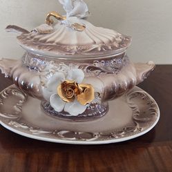 Elegant Vintage Porcelain Soup Tureen with Gold Trim & 3D Flower