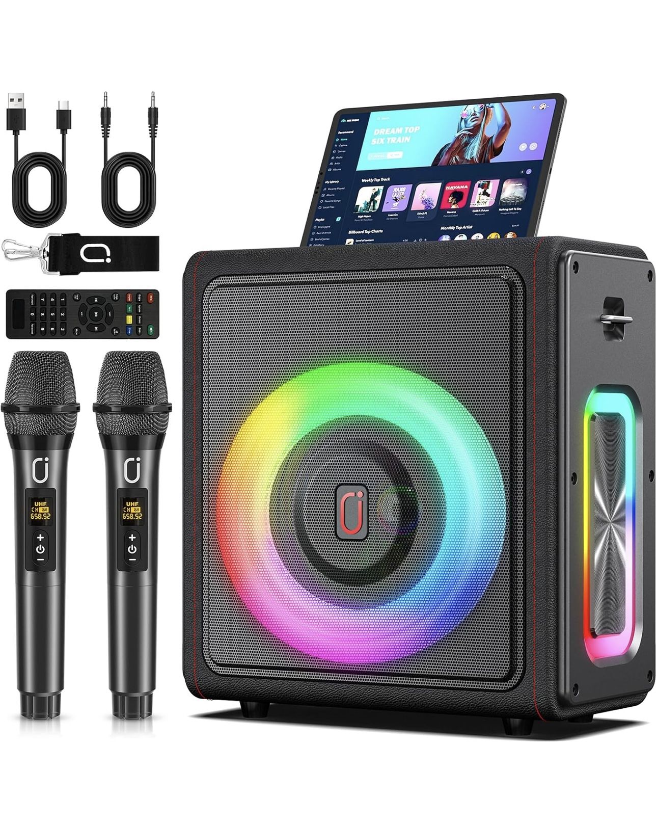 Karaoke Machine, Portable Bluetooth 5.3 Speaker with 2 Wireless Microphones for Adults, PA System with Pitch Correction & Echo Adjustment, Supports TW