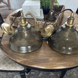 Set Of 2 Pottery Barn Recycled Glass And Brass Pendant Fixtures