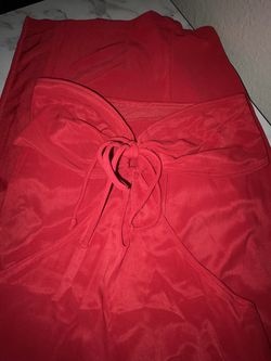 Red shoulder less dress with 2 slits