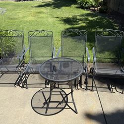 4 Vintage Rocker Coil Wrought Iron Patio Chairs & Small Foldable End Table  Price is firm, no holds, pick up in rocklin