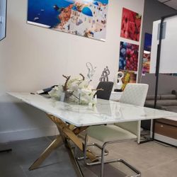 70” DINING TABLE FAUX MARBLE TOP CHROME OR GOD LEG