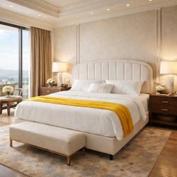 Full Bed Platform Bed Frame with Fabric Upholstered Headboard and Wooden Slats Support, Fully Upholstered Mattress Foundation/No Box Spring Needed/Ea