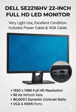 
Dell SE2216HV 22-Inch Full HD LED TFT Monitor - 1920 x 1080 - 60 Hz - 80000