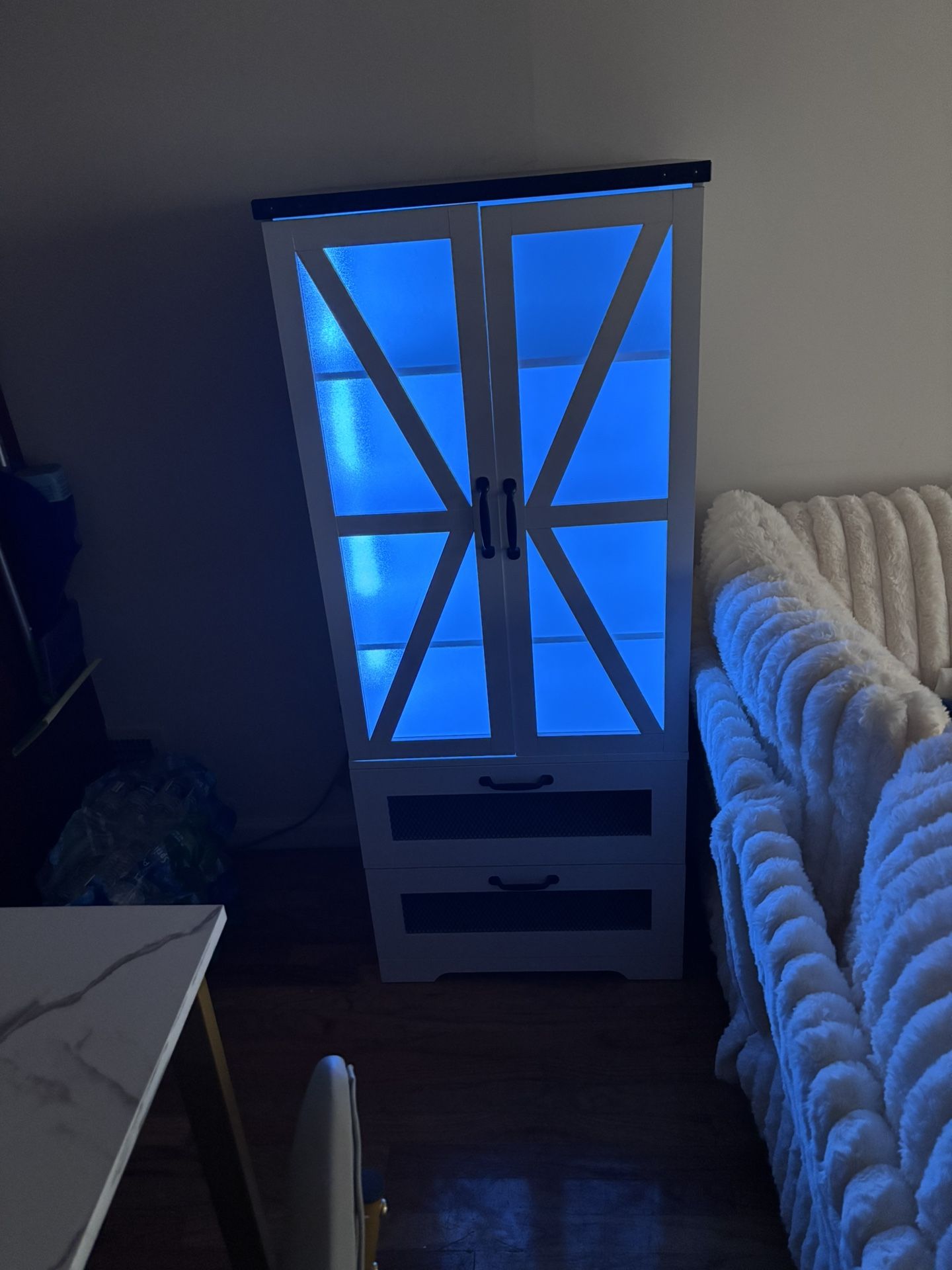 Display Case With LED lights,glass Cabinet With Drawers Adjustable Shelves Large Wooden Bookshelf Bookcase Multi-functional Storage Cabinets For Home