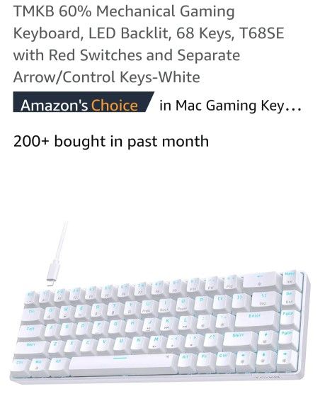 TMKB 60% Mechanical Gaming Keyboard, LED Backlit, 68 Keys, T68SE with Red Switches and Separate Arrow/Control Keys-White

