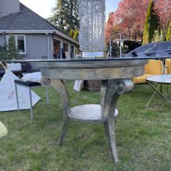 Three Legged Wood Base And Glass Dining Table