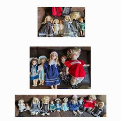 11 Assorted Vintage Porcelain Collectable Dolls.  make me offer 
