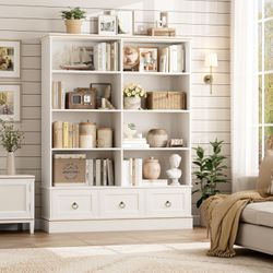 Farmhouse Bookshelf and Bookcase, 47" Wide Bookcase with Drawers, 5 Tier Book Shelves with Storage, Large Display Shelves, 63" Tall Wood Standing Shel