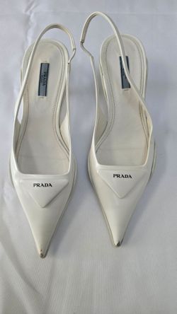 Prada White Patent Leather Bow Slingback Pumps, Size 38.5