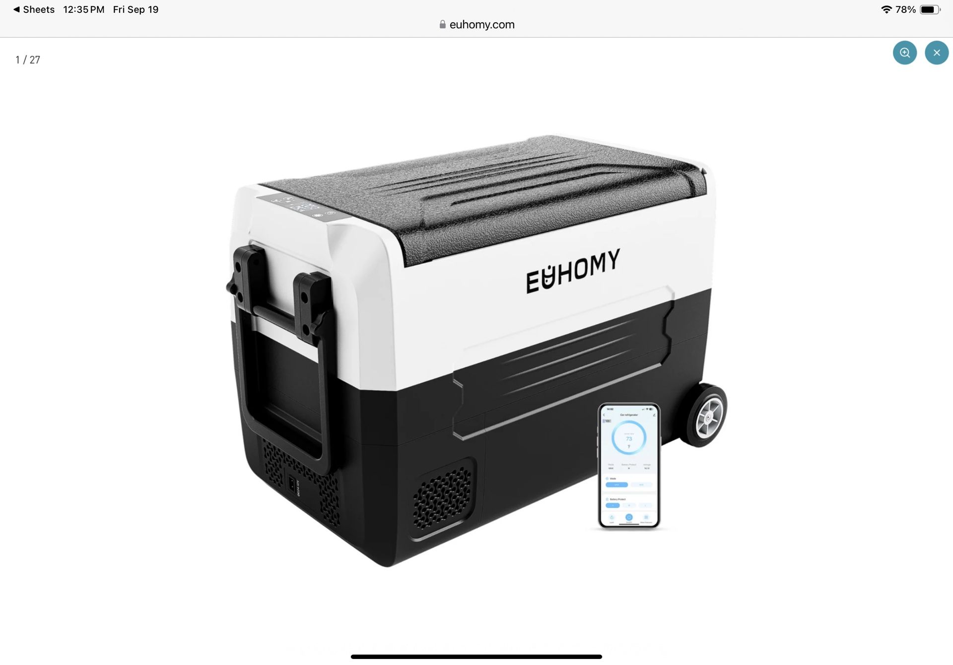 Euhomy 12 Volt Car Refrigerator Dual Zone, 37 Quart, Frost Free, App Control, Portable & Wheeled
