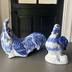 Rooster and Hen Pair- Cobalt Blue /White Hand Painted Delft Style Figurines- Ceramic 