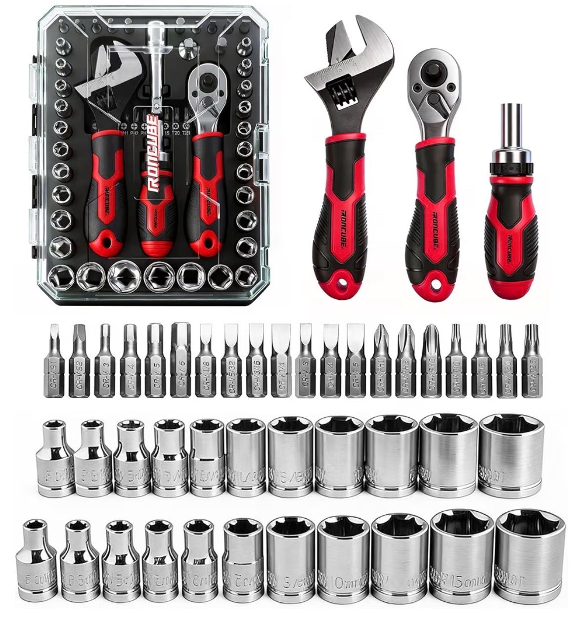 53-Piece Socket Ratchet Wrench Set, with 20-In-1 Ratcheting Screwdriver & 2-in-1 Adjustable Wrench for Garage, Auto Repair, Household Backyard & Colle