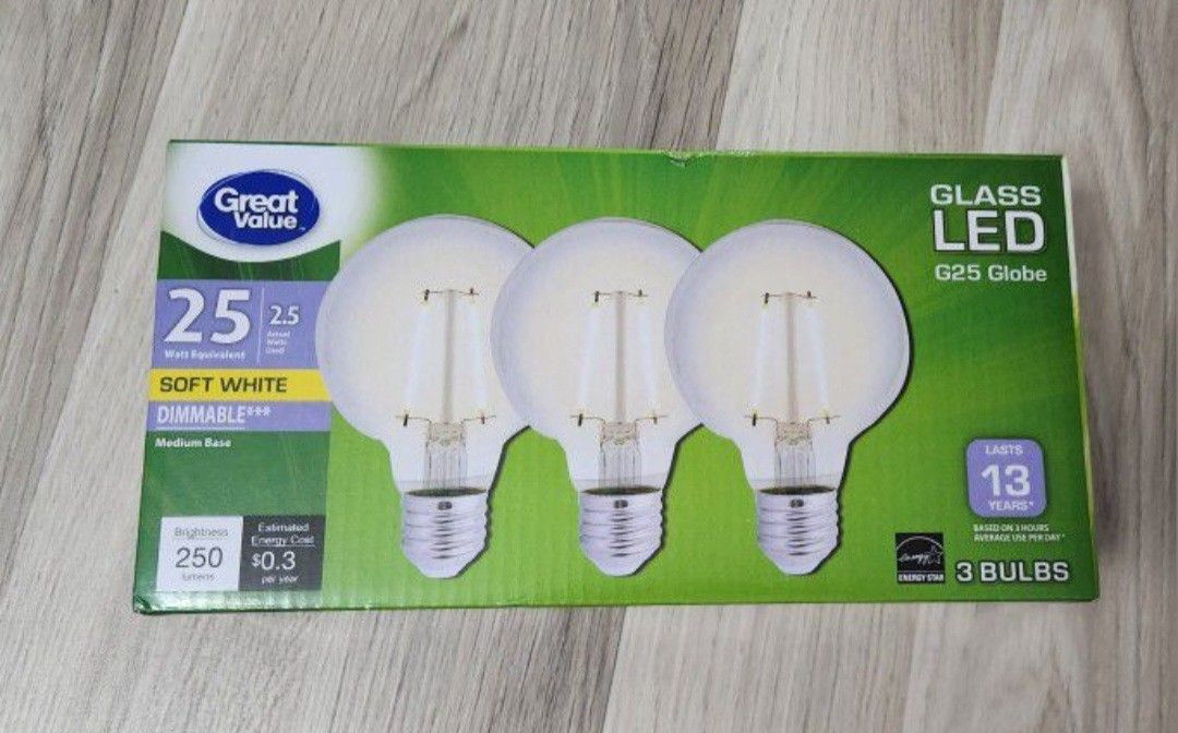 Great Value LED Bulb, 2.5-Watt (25W Equivalent) G25 Deco BulbsE26 Base, Softwhite. Price Per Box. Several Boxes Available