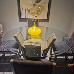 Glass Round Dining Table with 4 Upholstered Chairs – Modern & Elegant
