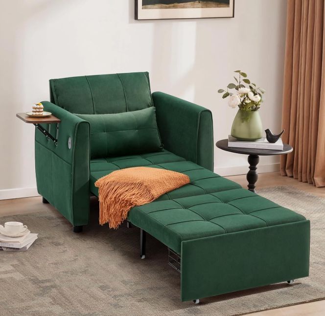 Convertible Sleeper Chair, 90" Pull Out Chair Bed for Adults with Wing Table, USB Charging & Bottom Storage, Space-Saving 4 in 1 Single Sofa Bed Chair