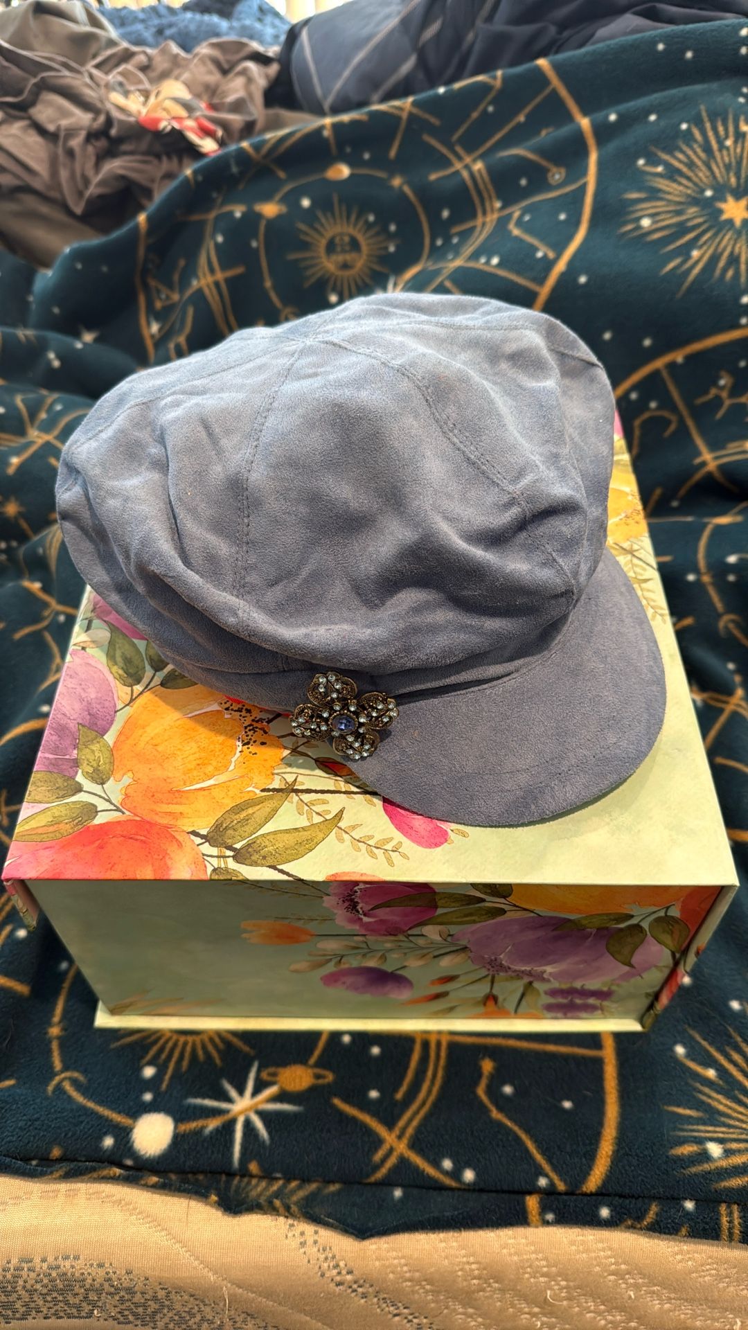 Powder Blue Suede-Look Cloche Hat with Jeweled Flower Brooch