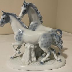 Vintage Gerold Porzellan Bavaria Two Horses White & Blue Porcelain Sculpture